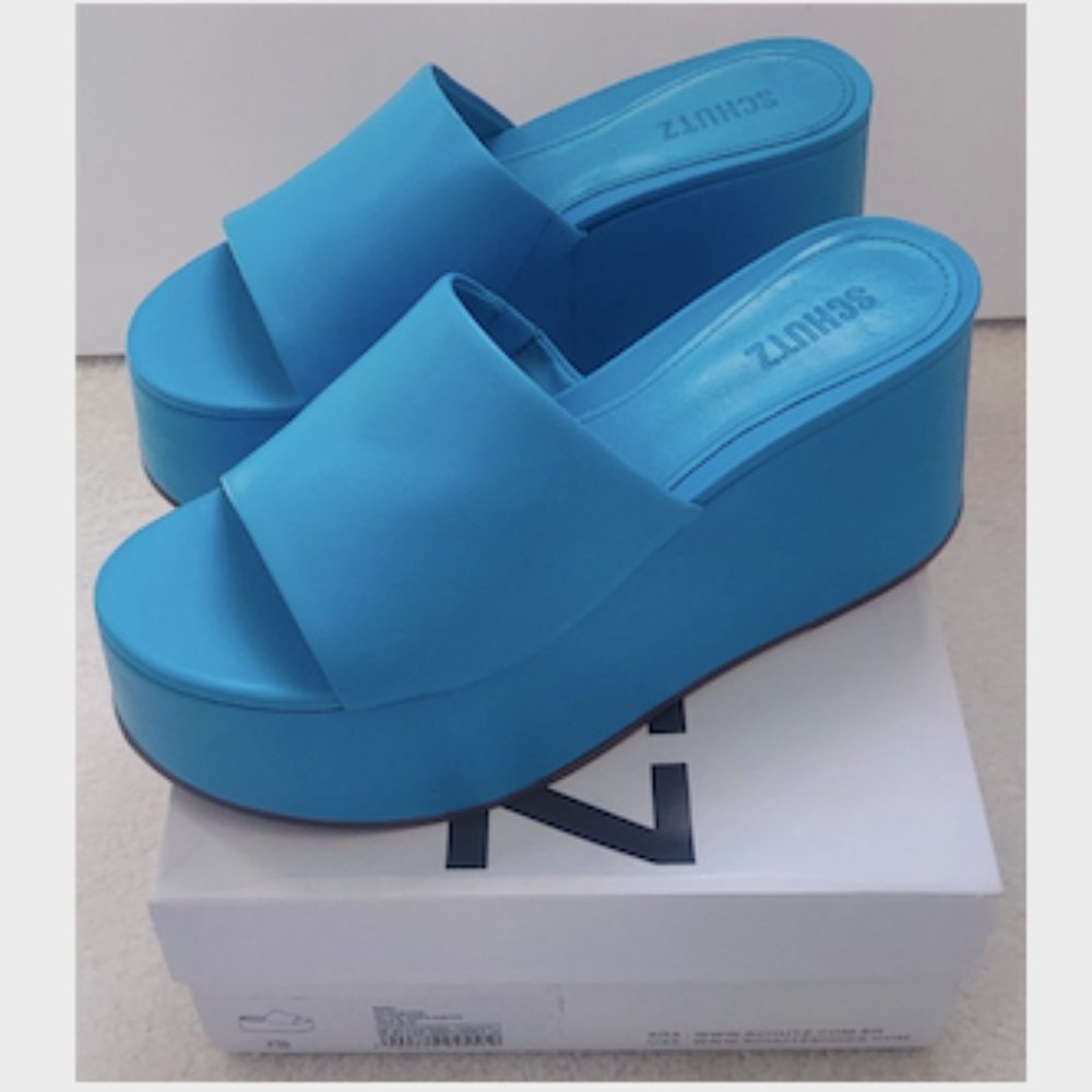 SCHUTZ Marih Leather Platform Wedge Slides True Blue
